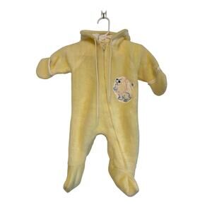 Vintage baby snowsuit yellow fleece one piece footed mittens embroidered hood